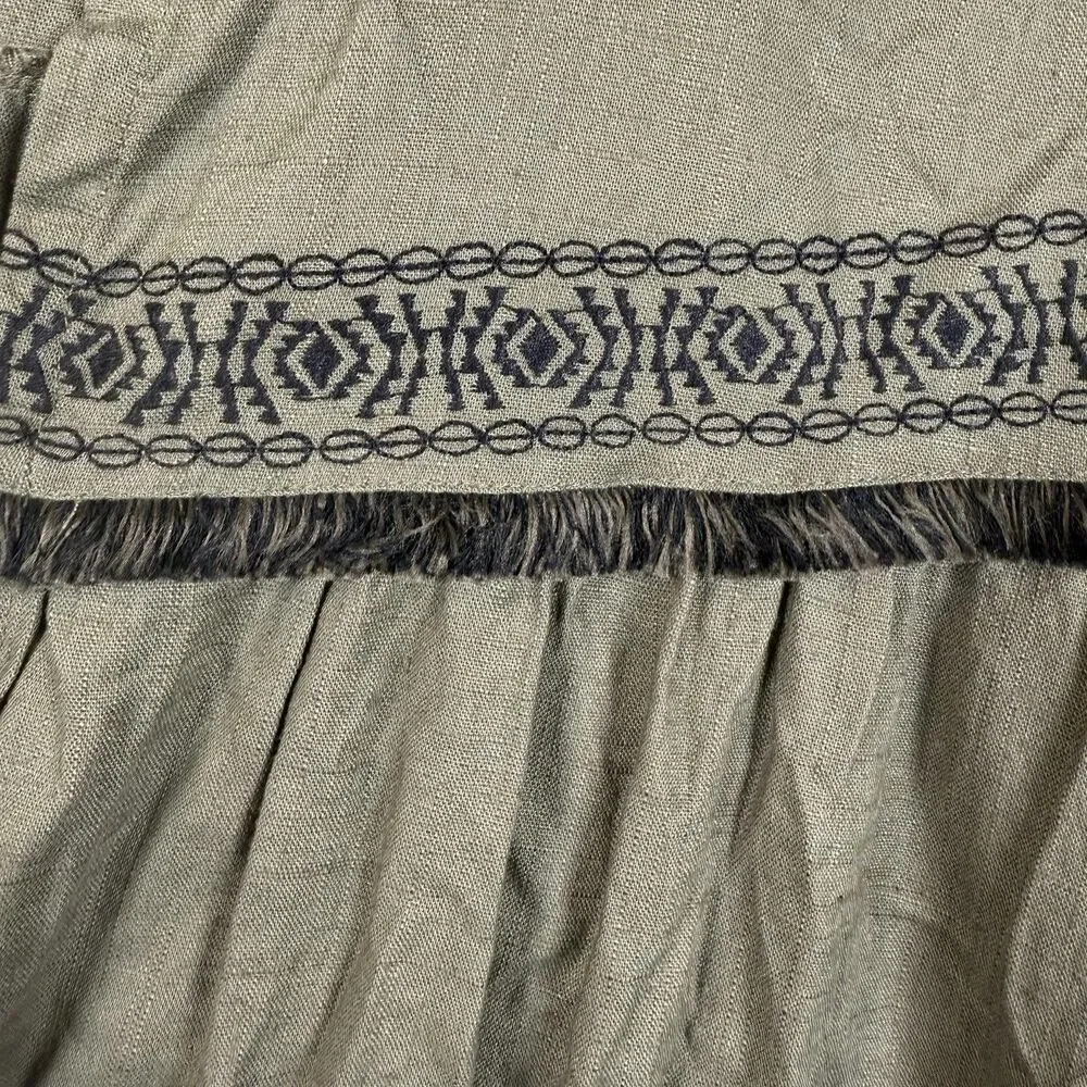 Boho Olive Green Embroidered Tassel Tie Blouse Peasant Top Fringe Festival